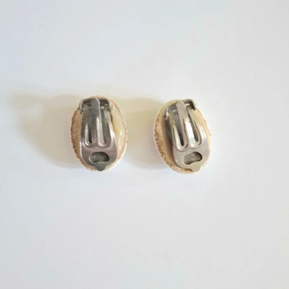 Vintage Pink Rose Floral Ceramic Oval Clip On Earrings Cottagecore‎ Victorian
